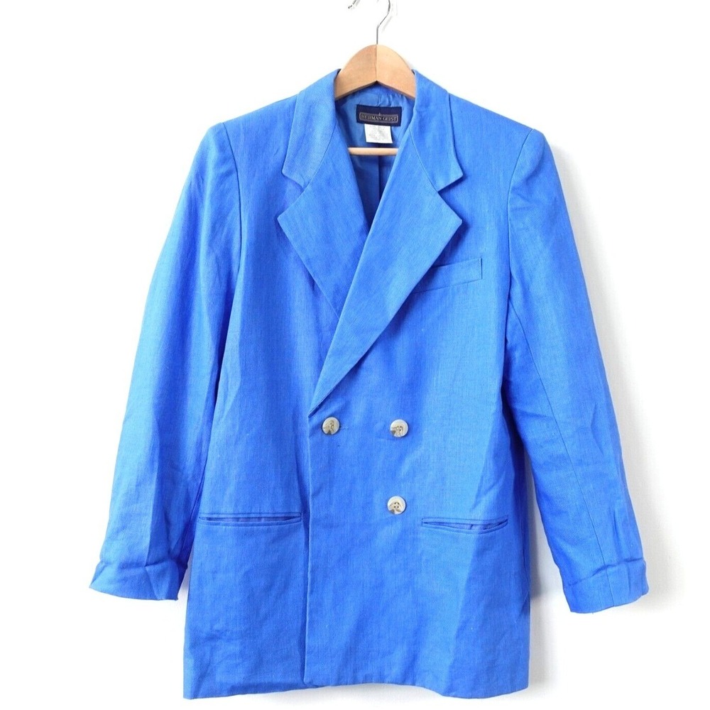 Vintage‎ Linen Blazer Womens Small 6 Blue Cocktail Double Breasted HERMAN GEIST